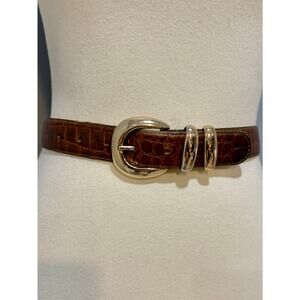 VTG 90s Brown 100% Leather Croc Embossed Belt Gold Tone Buckle, Women's Size M